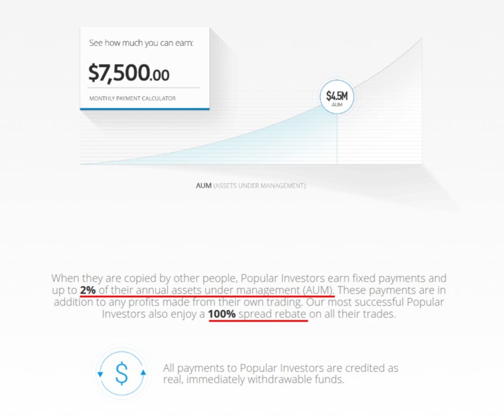 AUM (Assets Under Management) and Spread Rebate - eToro Popular Investors Plans - Benefits