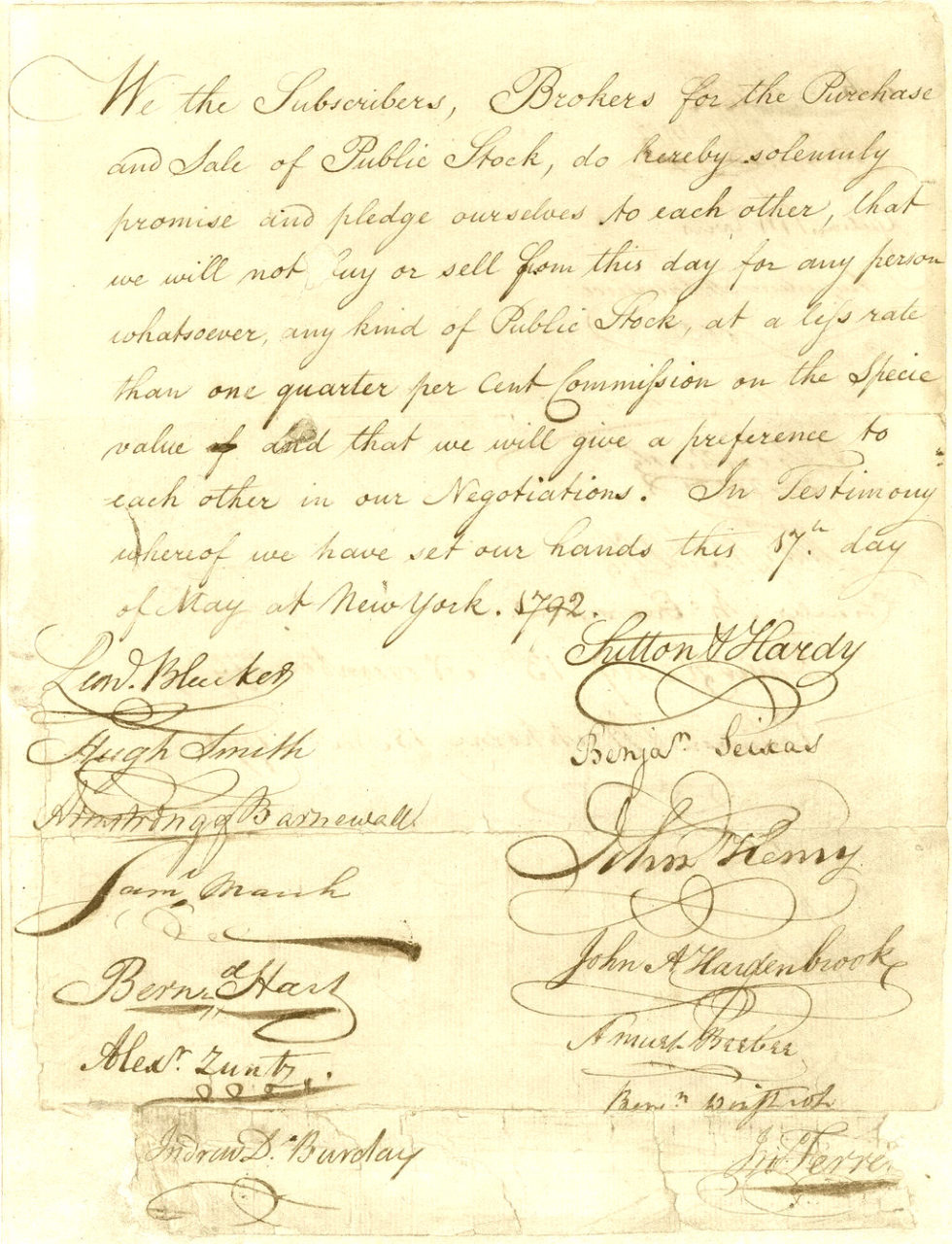 The Buttonwood Agreement, signed in 1792, the founding deed of the American Stock Exchange - How to Use Volume in Trading